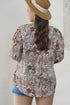 Khaki Plus Size Printed Long Sleeve Drawstring V Neck Blouse